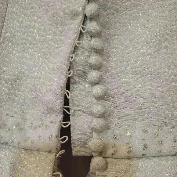 𝅺Girl's Vintage Ice Blue & Silver Acetate Jacquard Satin w Tulip Short Sleeves - Picture 10 of 16